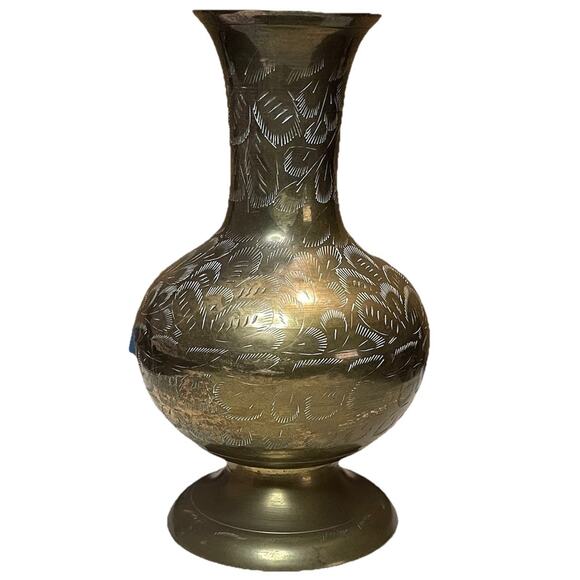 Source Unknown Other - Vintage Etched Brass Vase India Floral Design 8.5" Tall Boho Mid-Century Decor
